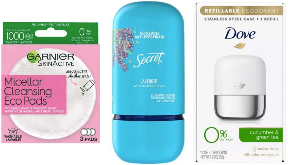 Garnier SkinActive Micellar Cleansing Eco Pads; Secret Refillable Invisible Solid Antiperspirant & Deodorant Lavender Scent; Dove 0% Aluminum Cucumber & Green Tea Refillable Deodorant Stainless Steel Case + 1 Refill