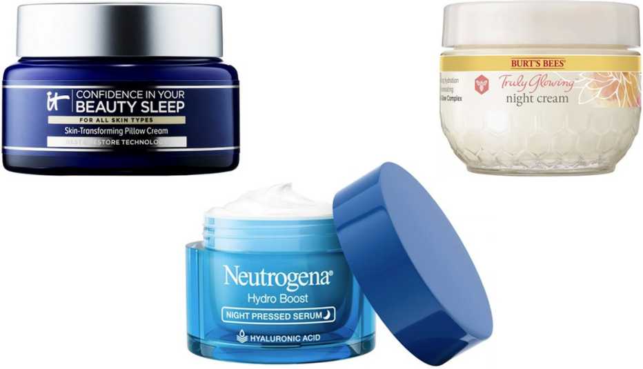 IT Cosmetics Confidence in Your Beauty Sleep Night Cream; Burt’s Bees Truly Glowing Night Cream; Neutrogena Hydro Boost Night Pressed Serum