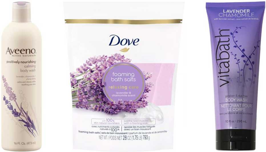 Aveeno Positively Nourishing Calming Lavender Body Wash; Dove Nourishing Secrets Relaxing Ritual Bath Salts in Lavender & Chamomile; Vitabath Lavender Chamomile Body Wash