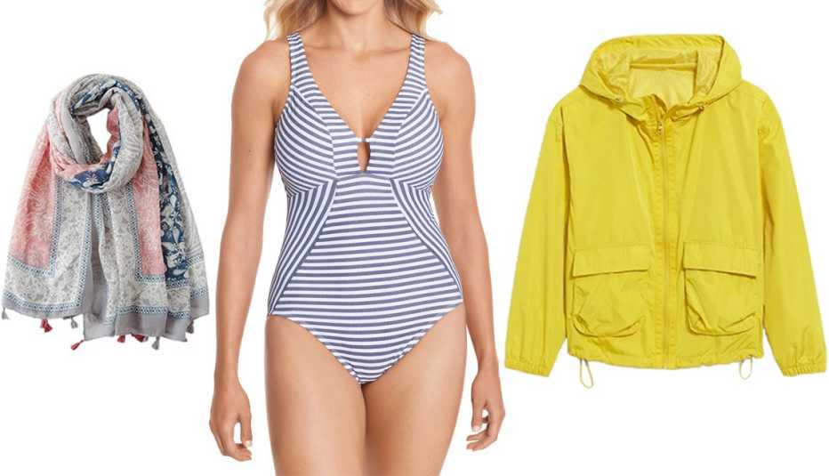 GUZOSJO Women’s Bohemian Oversized Scarf in 010-17; Time and Tru Women's and Women's Plus Size Mini Stripe One-Piece Swimsuit in Storm Blue; Old Navy Go-H20 Water-Resistant Hooded Utility Jacket for Women in Golden Glow