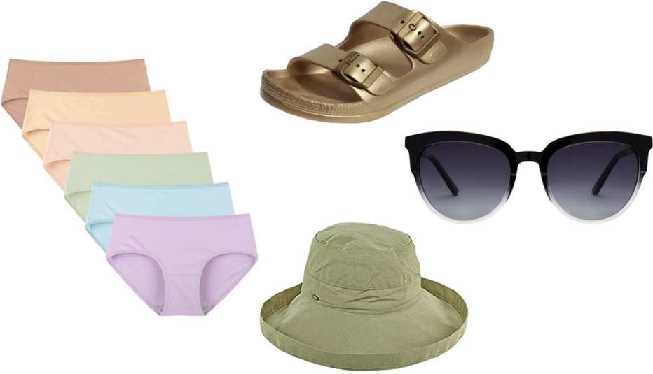 INNERSY Women's Underwear Cotton Hipster Panties, Regular & Plus Size 6-Pack in Bright Basics; SNJ Women’s Lightweight EVA Comfort Sandals in Gold; Privé Revaux The Influencer; Scala Women’s Cotton Sunhat with UPF50+ in Chino Green