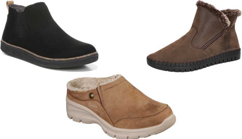 Dr. Scholl’s See Me Slip-On Booties in Black Microfiber﻿; Easy Street Womens Archie Booties Flat Heel in Brown; Skechers Women’s Easy Going Latte Slip-On Shoe in Tan﻿