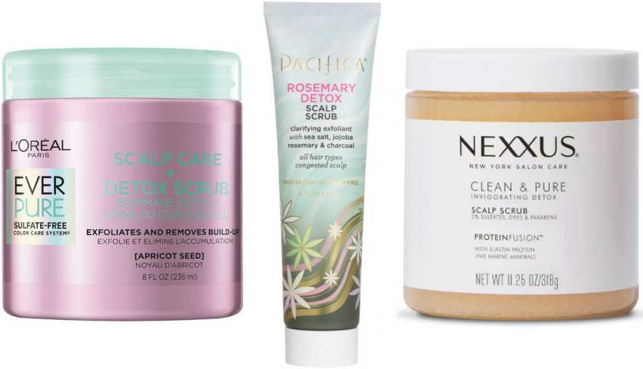 L’Oréal Paris EverPure Scalp Care+ Detox Scrub, Sulfate Free; Pacifica Rosemary Detox Scalp Scrub; Nexxus Clean & Pure Sulfate-Free Scalp Scrub