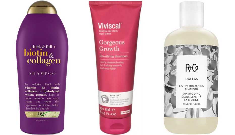 OGX Thick & Full + Biotin & Collagen Shampoo; Viviscal Gorgeous Growth Densifying Shampoo; R+Co Dallas Biotin Thickening Shampoo