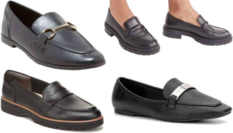 A New Day Women’s Laurel Loafer Flats in Black; Madewell The Bradley Lugsole Loafer in Leather in True Black; New York & Company Women’s Harleigh Square Toe Loafers in Black; Dr. Scholl’s Women’s Nice Day Loafers in Black/Black Faux Leather