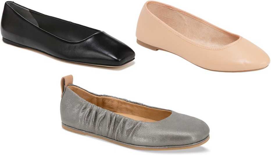 Franco Sarto Flexa Amaya Flats in Black Leather; Old Navy Faux Leather Ballet Flats for Women in Tan; Gentle Souls by Kenneth Cole Women’s Mavis Slip On Ballet Flats in Pewter