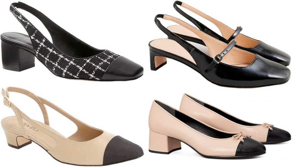 Ann Taylor Tweed Cap Toe Block Heel Slingback Pumps in Black Multi; J.Crew Layla Slingback Mary Jane Heels in Spazzolato Leather in Black; Tory Burch Women’s Bow Ballet High Heel Pumps in Shell Pink/Black; Vaneli Aliz Slingback Pump for Women in Pudding Leather