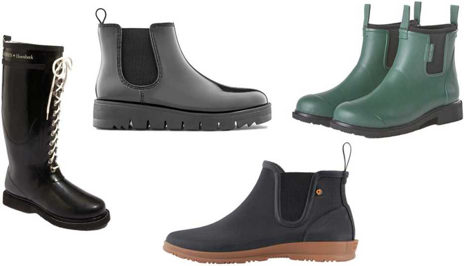 Ilse Jacobsen Rubber Boot for Women in Black; Cougar Firenze Women’s Boot in Black All Over; Merry People Bobbi Rain Boot in Alpine Green & Black; Bogs Women’s Sweetpea Boots in Black