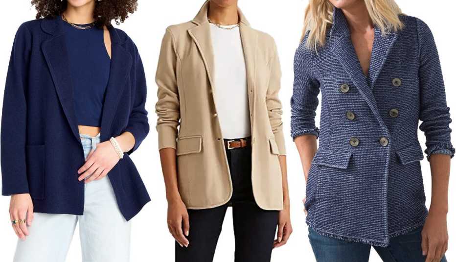 J.Crew Eloise Sweater-Blazer in Navy; Lauren Ralph Lauren Sweater Knit Blazer in Birch Tan; Chico’s Denim Coatigan Jacket in Dark Denim