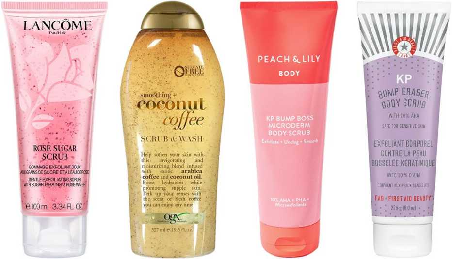 Lancome Exfoliating Rose Sugar Scrub; OGX Smoothing + Coconut Coffee Exfoliating Body Scrub; Peach & Lily KP Bump Boss Microderm Body Scrub; First Aid Beauty KP Bomb Eraser Body Scrub