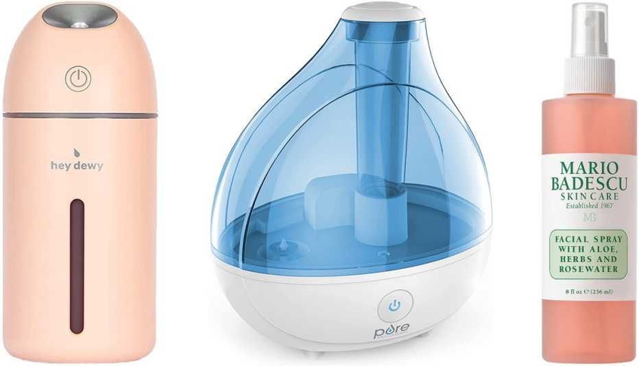 Hey Dewy Wireless Facial Humidifier; Pure Enrichment MistAire Ultrasonic Cool Mist Humidifier; Mario Badescu Facial Spray With Aloe, Herbs and Rosewater