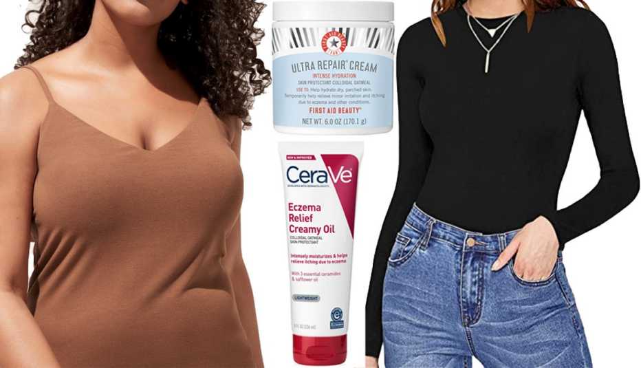 Banana Republic True Hues V-Neck Camisole; First Aid Beauty Ultra Repair Cream; CeraVe Eczema Relief Creamy Oil; Mangopop Women’s Crew Neck Bodysuit in B Long Sleeve Black