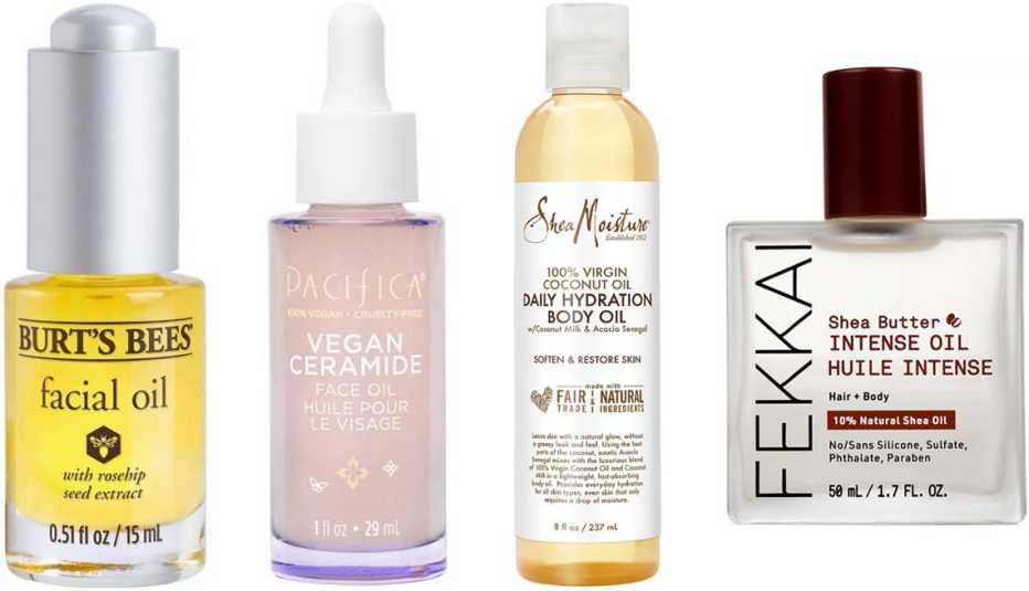 Burt’s Bees Complete Nourishment Facial Oil; Pacifica Vegan Ceramide Facial Oil; SheaMoisture 100% Virgin Coconut Oil Daily Hydration Body Oil; Fekkai Shea Butter Intense Oil Face + Body