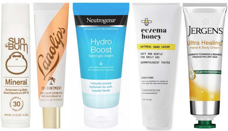 Sun Bum Mineral Sunscreen Lip Balm SPF 30; Lano Coconutter 101 Ointment Multi-Balm; Neutrogena Hydro Boost Hand Gel Cream; Eczema Honey Oatmeal Hand Cream; Jergens Ultra Healing Hand & Body Cream Unscented