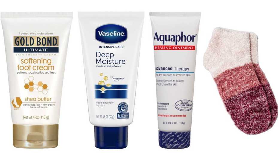 Gold Bond Ultimate Softening Foot Cream; Vaseline Deep Moisture Vitamin E Petroleum Jelly Cream; Aquaphor Healing Ointment; A New Day Women’s Ombre Cozy Low Cut Socks in Pink/Burgundy