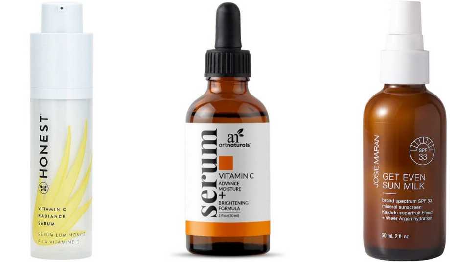 Honest Beauty Vitamin C Radiance Serum; artnaturals Vitamin C Serum; Josie Maran Get Even Sun Milk SPF 33