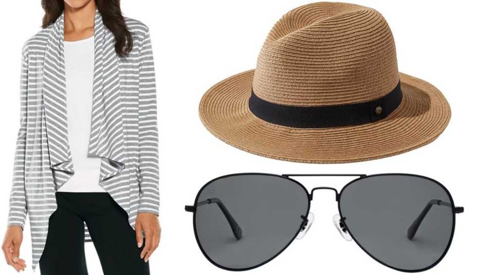 Coolibar Women’s Marietas Sun Wrap UPF 50 in Grey & White Stripe; L.L. Bean Women’s Sunday Afternoons Havana Hat in Tan; Prive Revaux The Commando 2.0 Polarized in Caviar Black