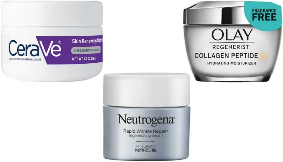CeraVe Skin Renewing Night Cream; Olay Regenerist Collagen Peptide 24 Face Moisturizer; Neutrogena Rapid Wrinkle Repair Retinol Cream Fragrance-Free