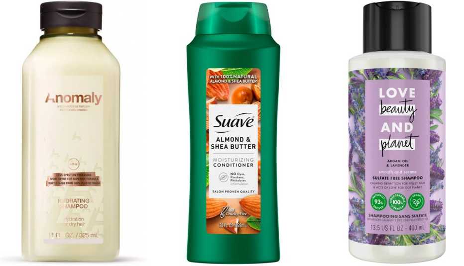 Anomaly Hydrating Shampoo; Suave Almond & Shea Butter Moisturizing Conditioner; Love Beauty and Planet Smooth & Serene Argan Oil & Lavender Shampoo