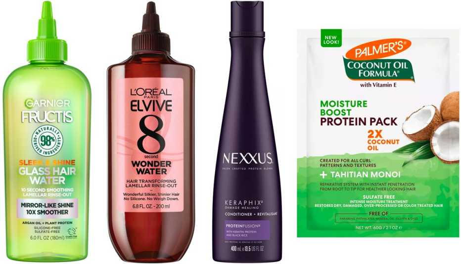Garnier Fructis Sleek & Shine Glass Hair Lamellar Rinse Out; L’Oréal Paris Elvive 8 Second Wonder Water Rinse-Out Treatment; Nexxus Keraphix Damage Healing Conditioner; Palmer’s Coconut Oil Formula Moisture Boost Protein Pack