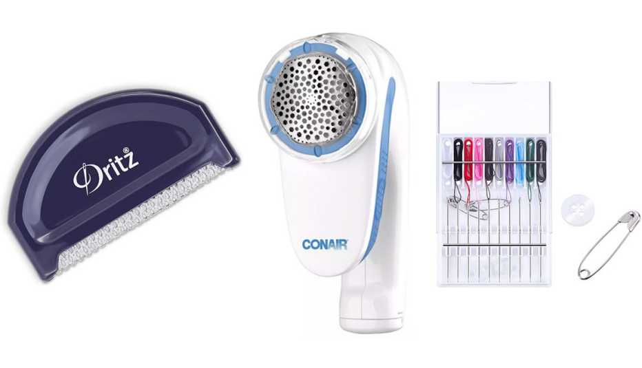 Dritz Sweater Comb; Conair Battery Operated Fabric Defuzzer/Shaver; Hestya Pre-Threaded Needle Kits