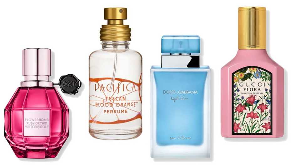 Viktor & Rolf Flowerbomb Ruby Orchid Eau de Parfum; Pacifica Tuscan Blood Orange Women’s Spray Perfume; Dolce & Gabbana Light Blue Intense; Gucci Flora Gorgeous Gardenia Eau de Parfum