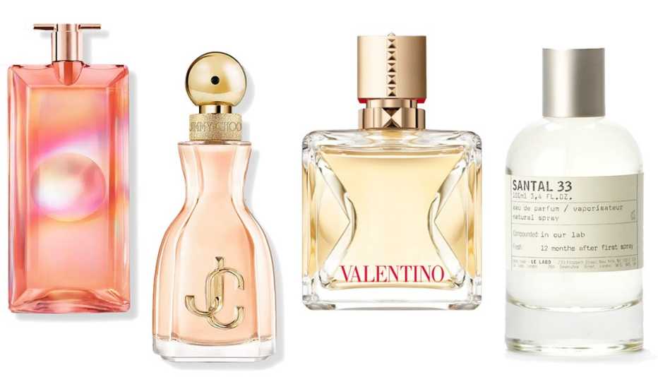 Lancôme Idôle Nectar Eau de Parfum; Jimmy Choo I Want Choo Eau de Parfum; Valentino Voce Viva Eau de Parfum; Le Labo Santal 33 Eau de Parfum 