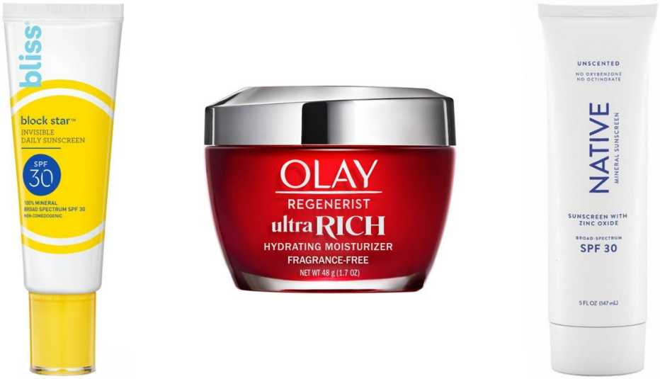 Bliss Block Star Invisible Daily Mineral Sunscreen SPF 30; Olay Regenerist Ultra Rich Hydrating Moisturizer for Dry Skin - Fragrance Free; Native Unscented Mineral Sunscreen SPF 30