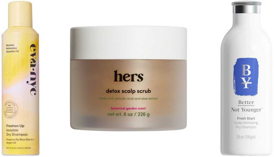 Eva NYC Freshen Up Invisible Dry Shampoo; Hers Detox Scalp Scrub; Better Not Younger Fresh Start Scalp Renewing Dry Shampoo