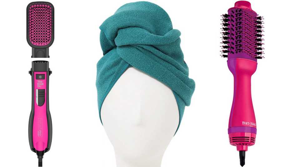 InfinitiPro by Conair The Knot Dr. All-In-One Smoothing Dryer Brush; Aquis Original Hair Drying Towel in Teal; Bed Head Blow Out Freak One-Step Dry + Volume