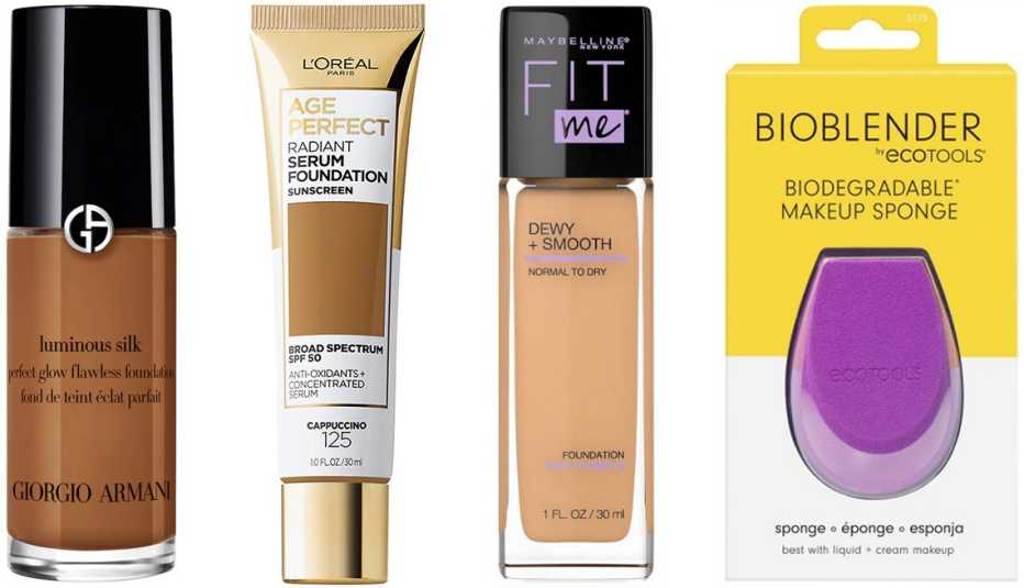 Armani Beauty Luminous Silk Perfect Glow Flawless Foundation; L’Oréal Paris Age Perfect Radiant Serum Foundation SPF 50; Maybelline Fit Me Dewy + Smooth Foundation; EcoTools BioBlender Makeup Sponge
