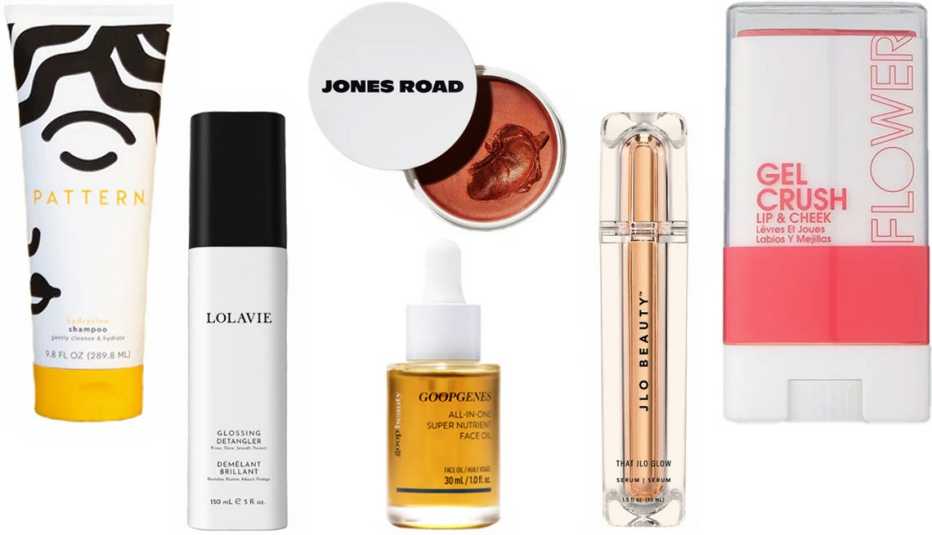 Pattern Hydration Shampoo; LolaVie Glossing Detangler; Jones Road Beauty Miracle Balm All-Over Glow in Bronze; GoopGenes All-In-One Super Nutrient Face Oil; That JLo Glow Serum; Flower Beauty Gel Crush Lip & Cheek in Raspberry Crush