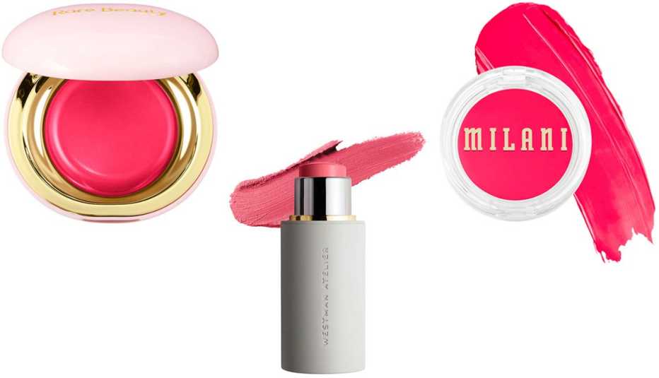 Rare Beauty by Selena Gomez Stay Vulnerable Melting Cream Blush in Nearly Rose; Westman Atelier Baby Cheeks Lip + Cheek Cream Blush Stick in Dou Dou; Milani Cheek Kiss Cream Blush in Coral Crush