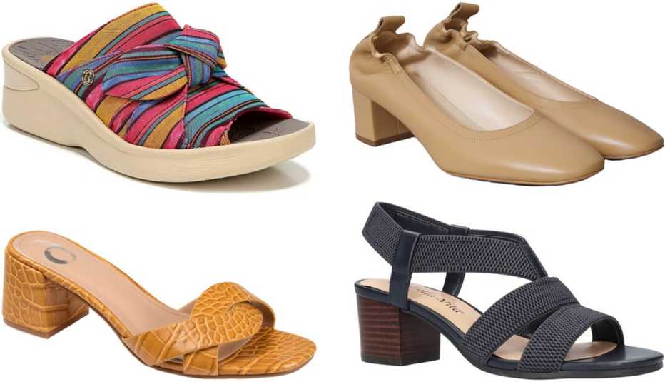 Bzees Smile Women’s Washable Wedge Slide in Berry Mimosa Stripe; Everlane The Italian Leather Day Heel in Light Taupe; Bella Vita Jodi Sandal in Navy Fabric; Journee Collection Women’s Perette Block Heel Slide Sandal in Yellow