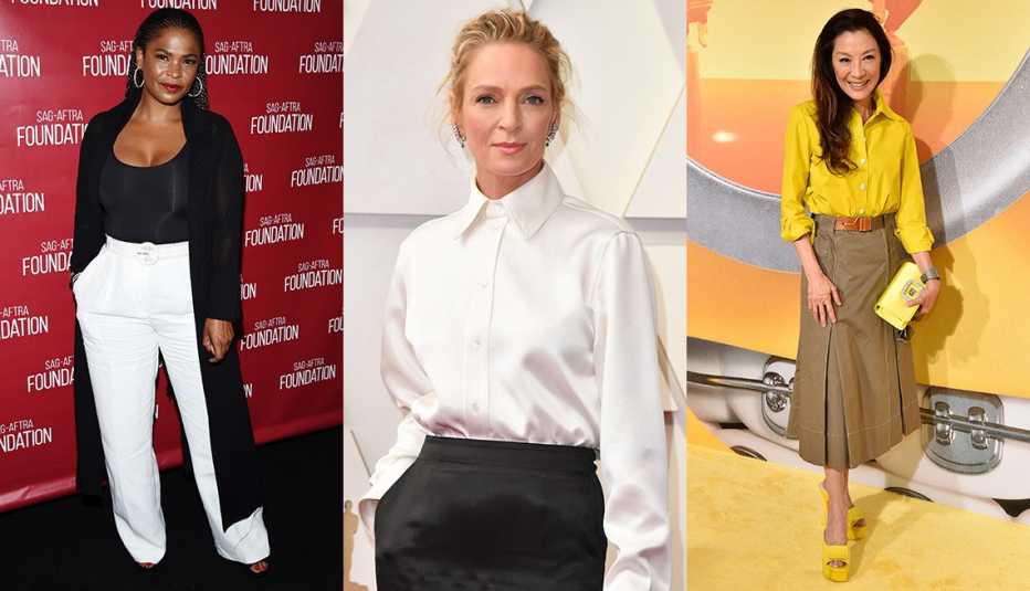 Side by side images of Nia Long, Uma Thurman and Michelle Yeoh