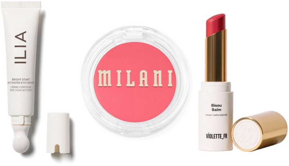 Ilia Bright Start Retinol Alternative Eye Cream; Milani Cheek Kiss Cream Blush in Coral Crush; Violette_Fr  Bisou Balm Sheer Matte Lipstick in Amour Fou