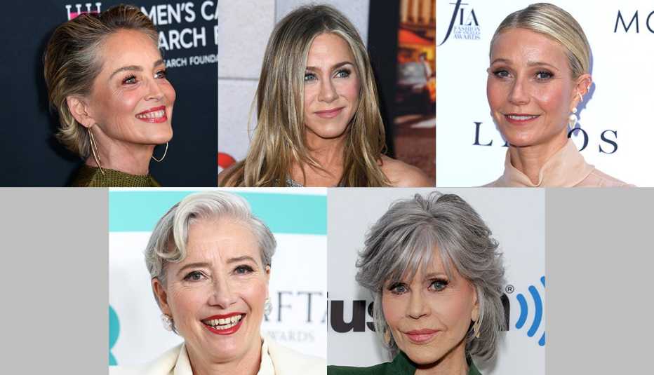 sharon stone jennifer aniston gwyneth paltrow with a hint of silver gray hair in their hair color while jane fonda and emma thompson with a total silver gray hair color