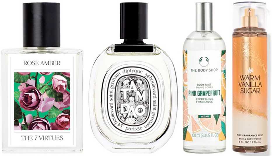 The 7 Virtues Rose Amber Eau de Parfum; Diptyque Tam Dao Eau de Toilette;  The Body Shop Pink Grapefruit Body Mist; Bath & Body Works Warm Vanilla Sugar Fine Fragrance Mist