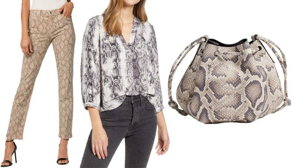 Joe’s Jeans The Lara Mid-Rise Cigarette Ankle in Vesper; Vince Camuto Snake Print Rumple Blouse; Banana Republic Pietra Bucket Bag in Python