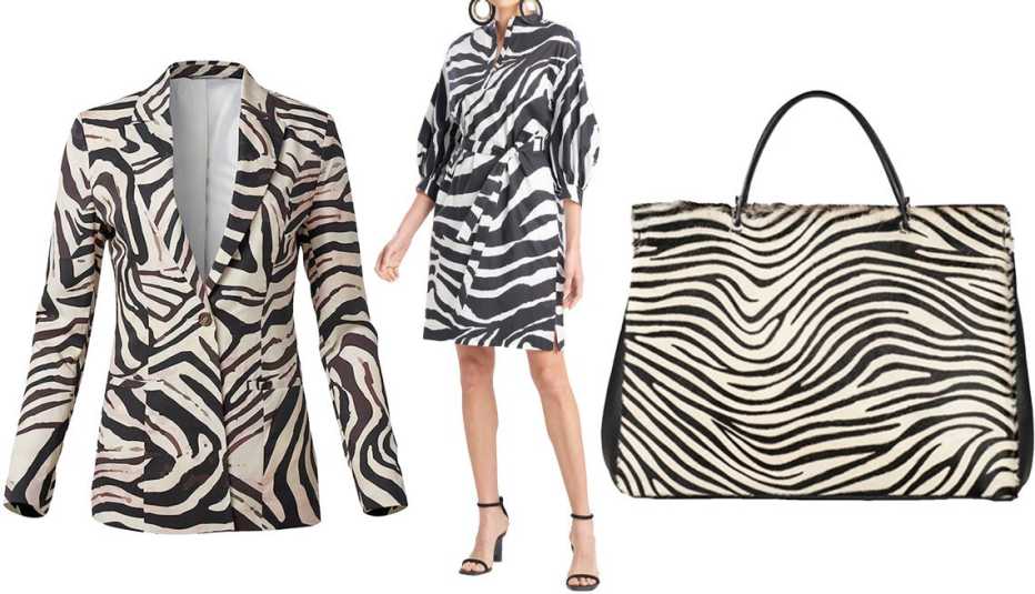 Venus Zebra Print Blazer; Natori Zebra Cotton Poplin Balloon Sleeve Belted Shirtdress; Wolf & Badger Zebra Print Hair on Leather Grab Shoulder Bag