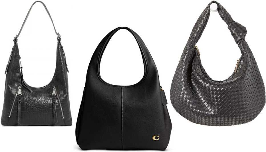 Aimee Kestenberg Day Dream Leather Hobo Bag in Black Croco; Coach Lana Polished Pebble Leather Shoulder Bag in Black; Melie Bianco Brigitte Large Satchel in Black