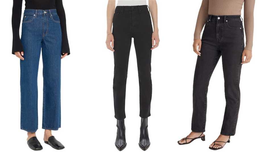 SLVRLAKE Grace Wide-Leg Jeans in Dark Wash Denim; Mother The Tomcat High Waist Ankle Straight Leg Jeans in Lasting Impression; Madewell The Curvy '90s Straight Jean in Belmere Wash