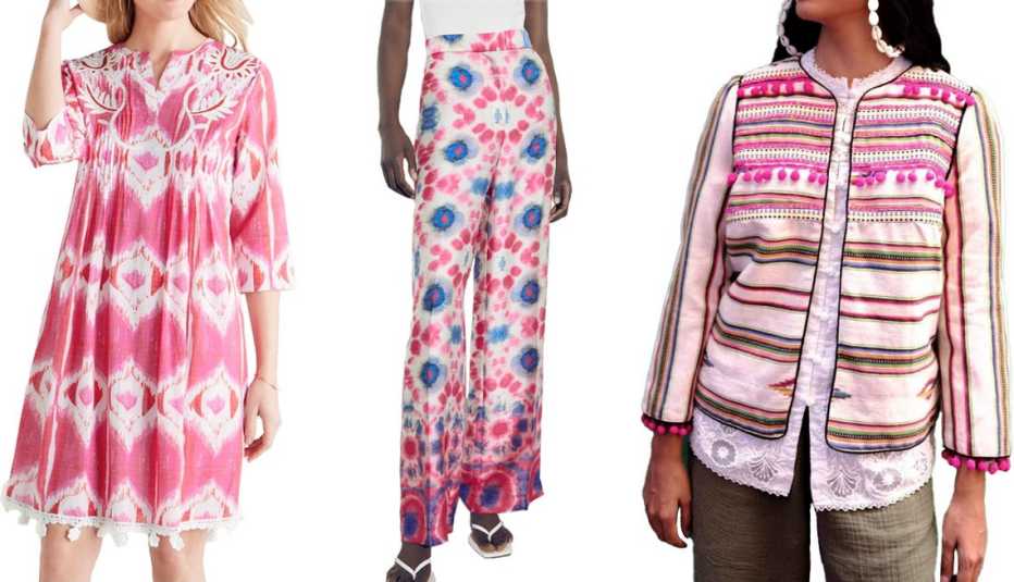 Soft Surroundings Bondi Dress in Hot Pink Multi; Zara Flowy Printed pants in Multicolored; Wolf & Badger Fable Woven Cotton Pom-Pom Jacket