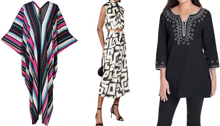 Wolf & Badger Raspberry Stripe Caftan Kaftan Dress; Banana Republic Bliss Silk Draped Skirt in Cosmic Ikat; Woman Within Sequined Cotton Tunic in Black