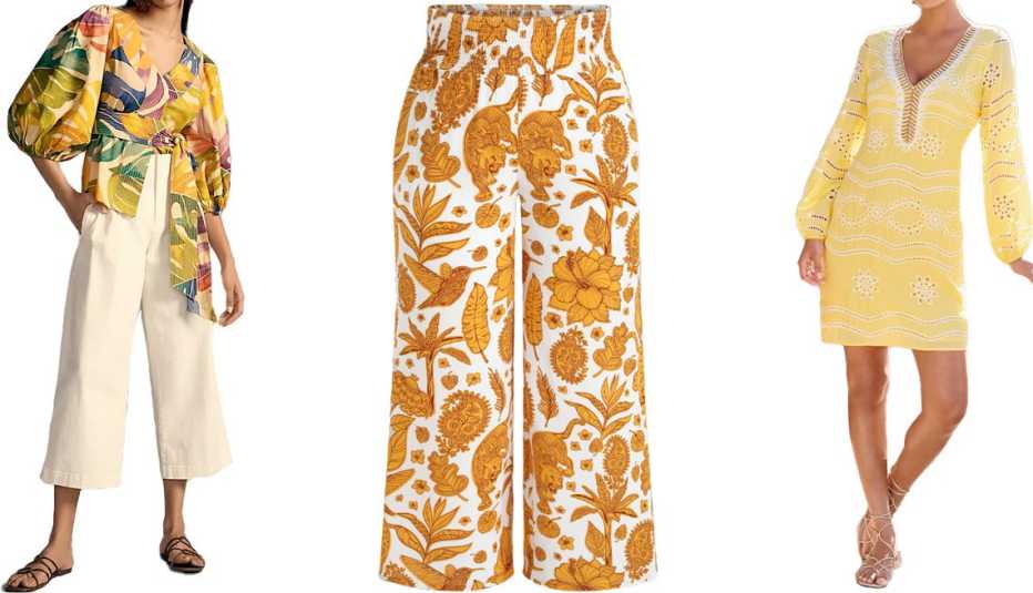 Anthropologie Farm Rio x Anthropologie Belted Blouse in Yellow Motif; Cider Curve & Plus Boho Tropical & Animal Straight Leg Trouser in Yellow; Boston Proper Embellished Lace Tunic Dress in Lemon Drop
