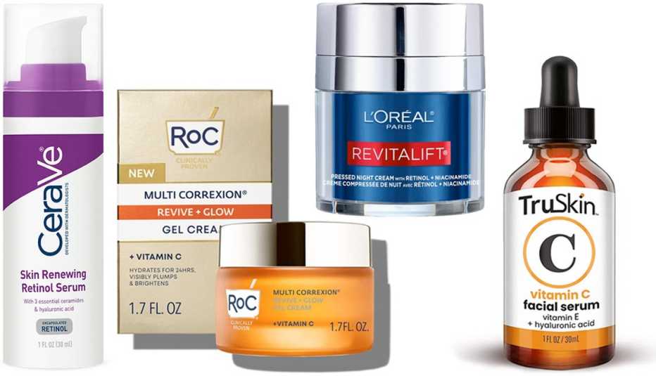CeraVe Skin Renewing Retinol Serum; Roc Correxion Revive + Glow Moisturizer; L’Oréal Paris Revitalift Pressed Night Cream with Retinol + Niacinamide; TruSkin Vitamin C Facial Serum with Vitamin C+ Hyaluronic Acid