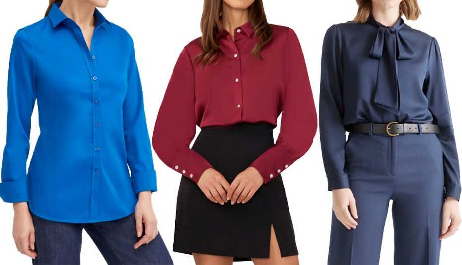 Chico’s No Iron Stretch Shirt in Cosmic Cobalt; Halogen Button-Up Shirt in Chianti; Quince Washable Stretch Silk Tie Neck Blouse in Navy