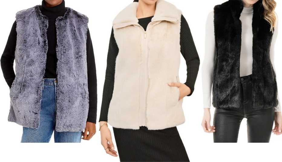 Surell Rex Rabbit Faux Fur Vest in Black Frost; DKNY Oversized Collar Faux-Fur Vest in Ivory; Donna Salyers Fabulous Furs Signature Series Hook Faux Fur Vest