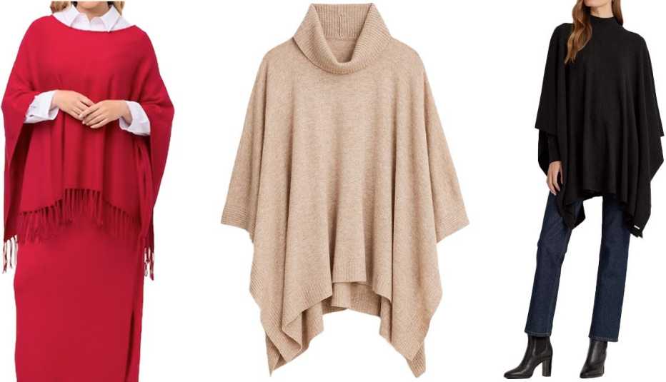 Ulla Popken Knit Fringe Hem Oversized Poncho in Red; J.Crew Wool-Cashmere Blend Turtleneck Poncho in Hther Birch; Lauren Convertible Mockneck Poncho in Black