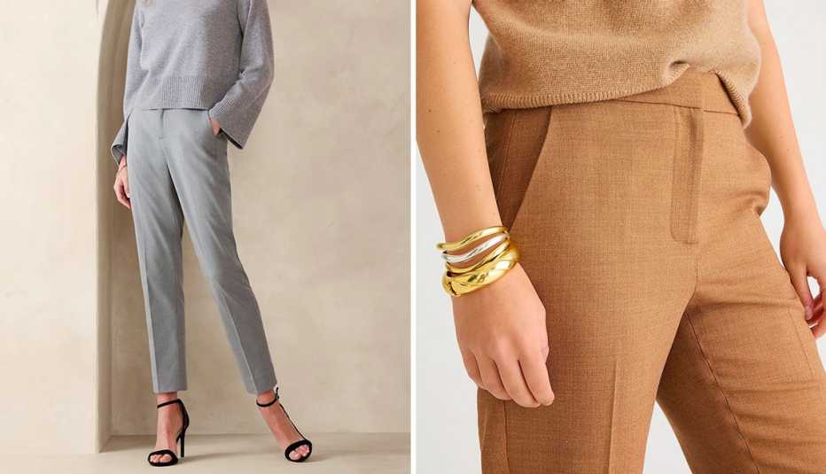 left an example of a grey monochrome outfit right an example of a camel monochrome outfit